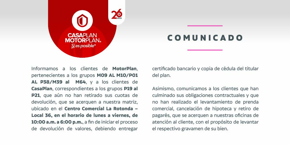 Comunicación grupos cerrados CasaPlan MotorPlan